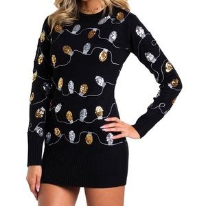 Tipsy Elves black knit silver and gold string lights size M NWT shimmer shine
